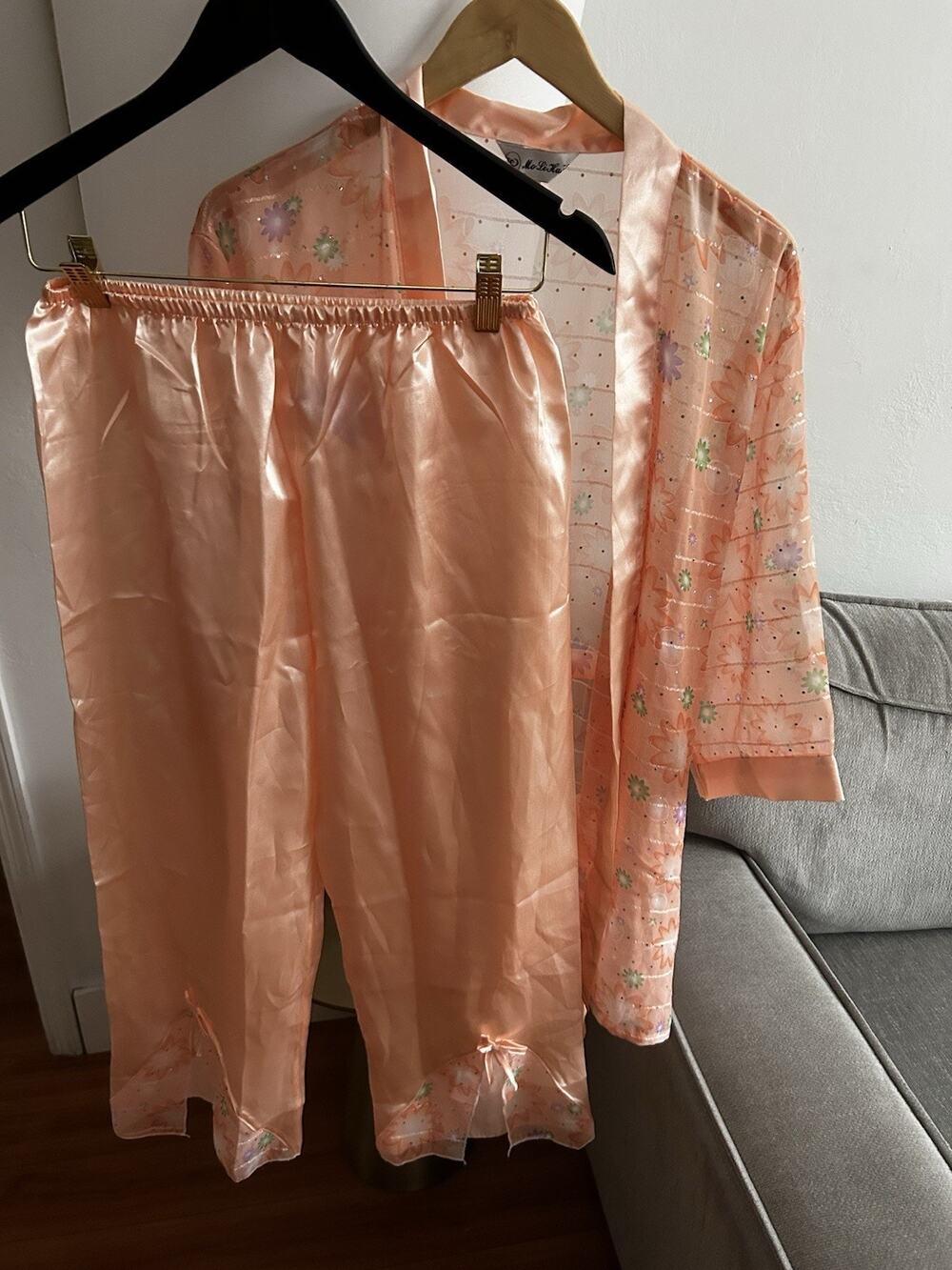 Vtg Coral Pink Pj Set Kimono Robe Pants XL Glitter Silk Blend Coquette Floral